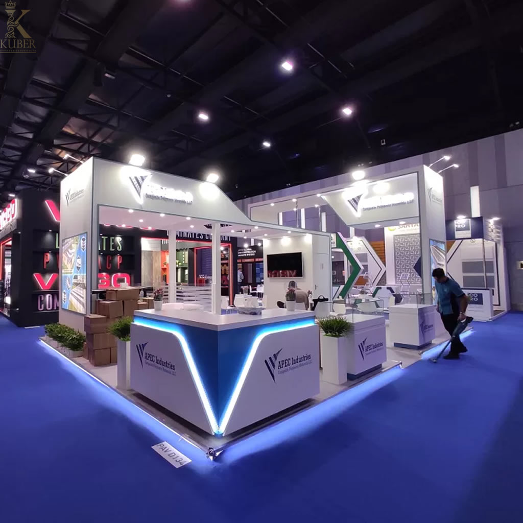 A modern, visually striking exhibition stand designed by Kuber Events in Dubai.